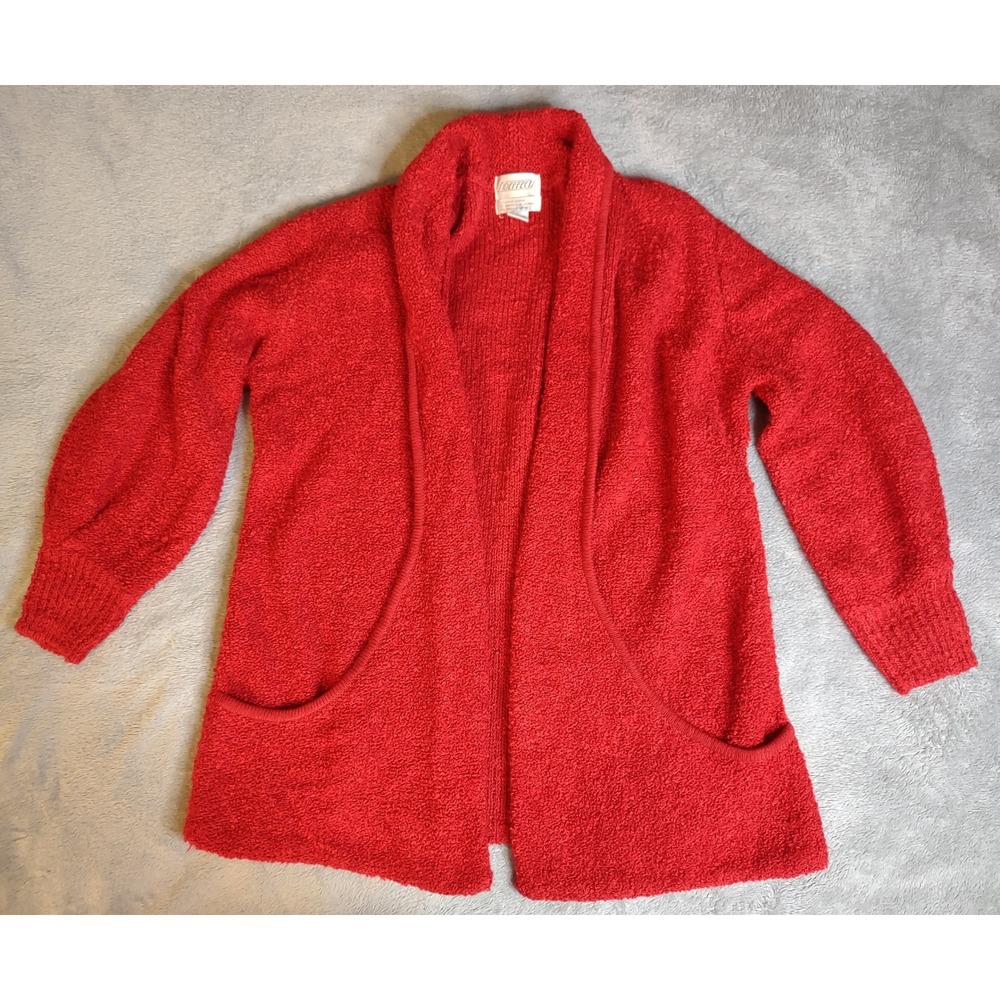 Side Effects Vintage 90s Red Open Front Cardigan Boucle Knit Long Sleeve XL